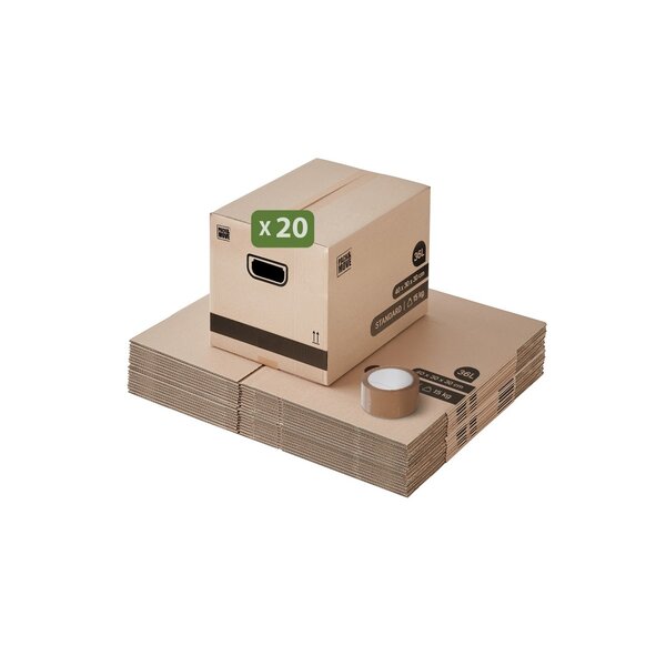 Pack and Move - Lot 20 cartons déménagement stockage livres - 40 x 30 x 30 cm - Poignées renforcées - 1 adhésif offert
