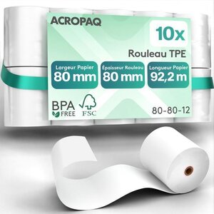 ACROPAQ 10 Rouleaux de Caisse 80x80x12mm- Thermique 92 2 m-Terminaux de paiement- 10 Bobines TPE- Sans BPA- Dimension Universelle