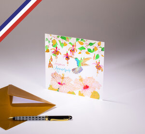 Carte simple paradisio créée et imprimée en france - joyeux anniversaire - colibri et fleurs roses