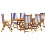 vidaXL Ensemble à manger de jardin 7 Pièces bleu blanc tissu bois massif