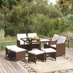 vidaXL Ensemble à manger de jardin et coussins 9 Pièces Poly rotin Marron