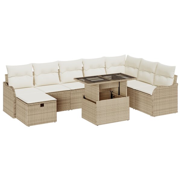 Ensemble de Canapé de Jardin 9 Pièces avec Coussins Beige en Rattan Poly