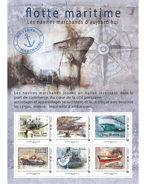 Collector 6 timbres - Navires Marchands d'Aujourd'hui - Lettre verte