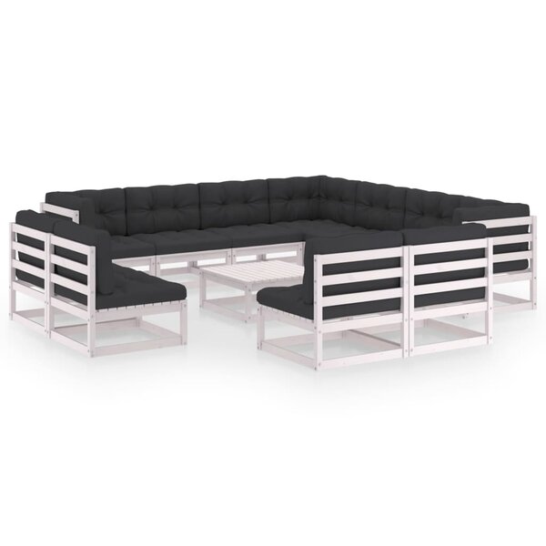 vidaXL Salon de jardin 12 Pièces avec coussins Blanc Bois de pin massif