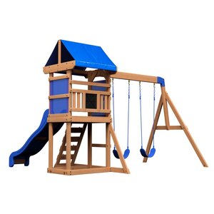 Tour de jeu Aurora avec balançoires et toboggan bleu