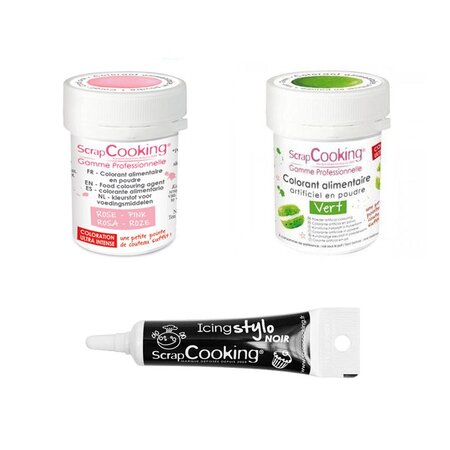 2 colorants alimentaires vert-rose poudré + Stylo glaçage noir