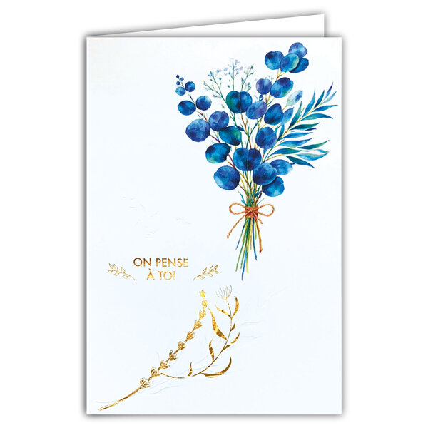 69-3148 Carte Courage On pense à toi pour Homme Femme Bouquet de Feuilles Eucalyptus Peinture Aquarelle -Finitions Dorure Or Doré + Gaufrage en Relief +1 Enveloppe Format 12x17cm -Fabriqué en Europe