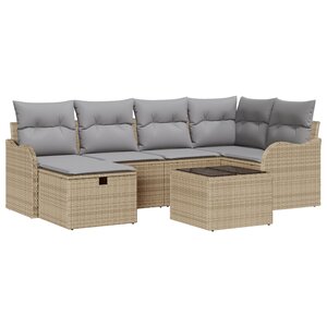 Canapés de Jardin de 7 Pièces avec Coussins Beige en Rattan Poly