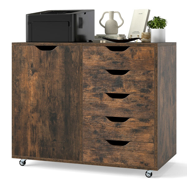 Classeur mobile à 5 tiroirs 79 x 39 x 65 cm avec roulettes pivotantes espace de rangement optimisé style contemporain en bois café 20_0011443