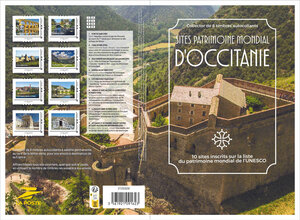 Collector 8 timbres - 80 ans de l'UNESCO - 10 sites du patrimoine mondial en Occitanie - Lettre Verte