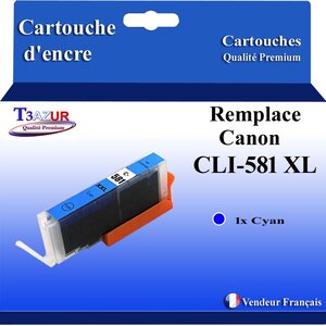 T3AZUR - Cartouche compatible avec Canon CLI581XL CLI-581 XL pour Canon Pixma TS8251 TS8252 TS8300 TS8350 TS8351 TS8352 TS9100 TS9150 Cyan