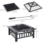 Brasero cheminée foyer extérieur dim. 86l x 86l x 54h cm grille à charbon couvercle tisonnier métal noir