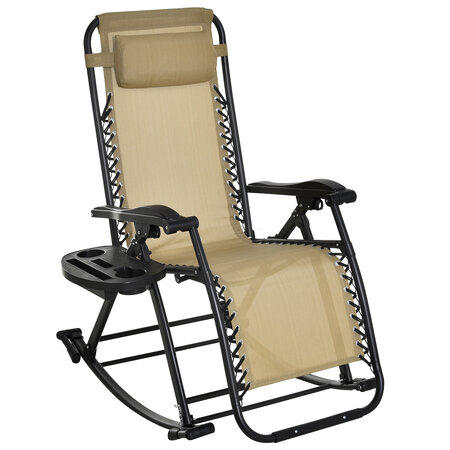 Fauteuil à bascule rocking chair pliable chaise longue zéro gravité 2 en 1 plateau porte gobelet tétière acier textilène sable