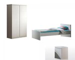 LARA Lit simple laqué blanc + Chevet table de nuit + Armoire 2 portes