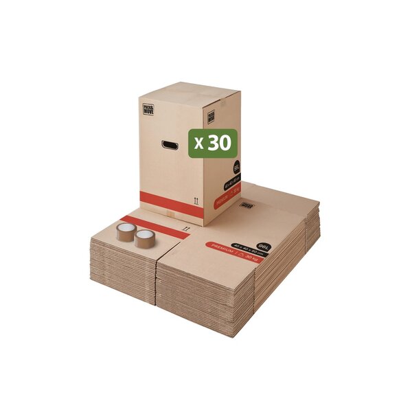 Pack and Move - Lot 30 Cartons Déménagement Premium - 40 X 40 X 60 Cm - Résistance 30 KG - Double Épaisseur - Poignées Renforcées - 2 Adhésifs Offerts