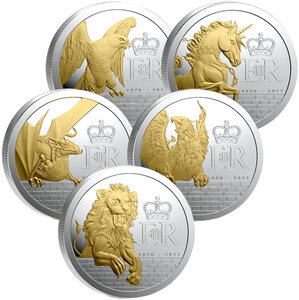 Monnaie QUEEN'S BEAST Gilded Set 5x1 Oz Argent 5 Pounds Pitcairn Islands 2026 (PRÉCOMMANDE)