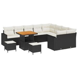 Ensemble de canapé de jardin 12 pièces avec coussins noir poly rotin acacia