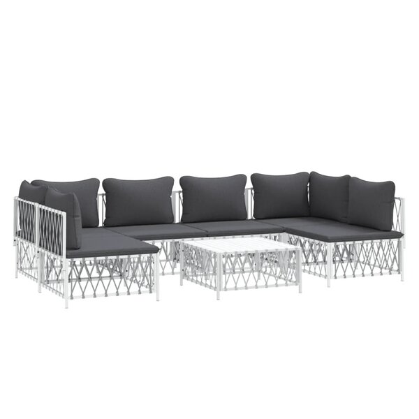 Salon de jardin meuble d'extérieur ensemble de mobilier 7 pièces avec coussins blanc acier 02_0017075