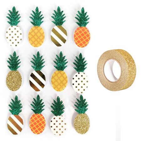 12 stickers 3D Ananas 4 5 cm + masking tape doré à paillettes 5 m