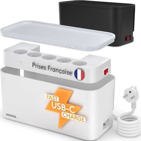 ACROPAQ Boite cache cable compatible France- cache multiprise- Multiprise intégrée- USB-A et USB-C- Rangement cable- 2500W- Blanc