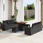 Ensemble de canapés de jardin 9 pièces avec coussins en noir poly rotin acacia