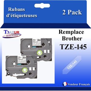 2x Rubans d'étiqueteuses compatibles avec Brother Tze145  Tze-145 pour étiqueteuses P-touch - Texte blanc sur fond transparent - T3AZUR