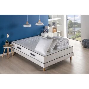 Sommier à ressorts 140 x 190 cm + matelas équilibré 24 cm + couette + 2 oreillers