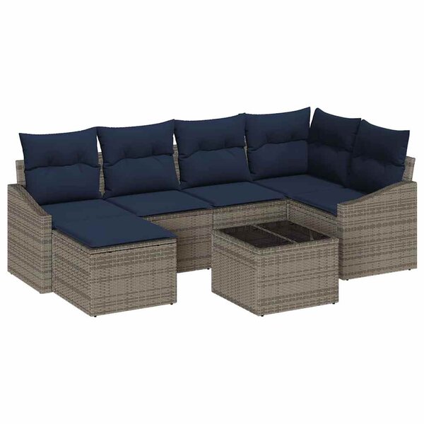 vidaXL Ensemble de Canapés avec coussin 7 Pièces Gris et marine polyrotin