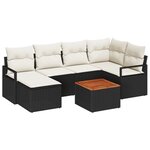 vidaXL Set de jardin 7 pièces avec coussins noir en poly rattan et acacia.