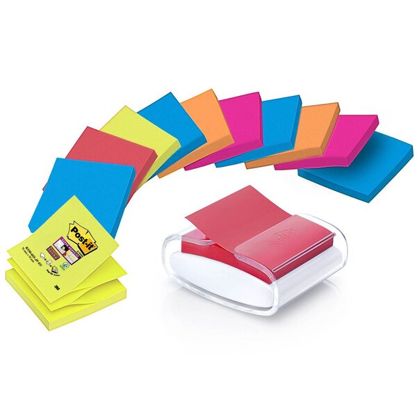Distributeur blanc de Z-Notes Pro Desk avec Z-Notes 76 x 76 mm Collections Bangkok et Bora-Bora Couleurs Assorties 12 x 100 feuilles PRO-W-12SSCOL-R330 (jeu 13 unités)