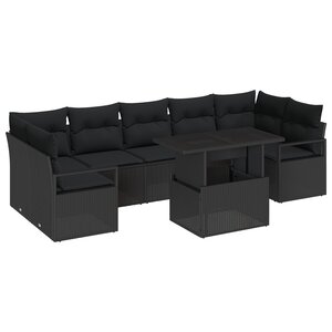 Canapés de Jardin 8 Pièces avec Coussins Noir Rotin Poly