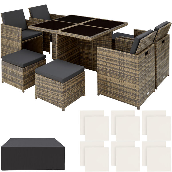 Tectake Salon de jardin MANHATTAN 8 places avec 2 sets de housses + housse de protection, variante 2 - marron naturel