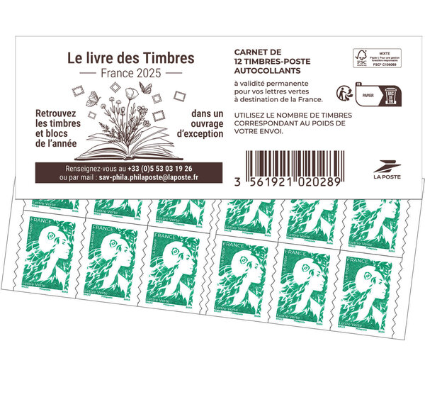 Carnet 12 timbres Marianne de l'avenir - Lettre Verte - Couverture Livre des timbres