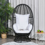 Fauteuil rond de jardin fauteuil cocon pivotant grand confort coussins inclus polyester blanc résine tressée noire