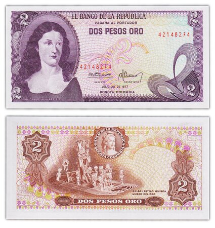 Billet de collection 2 pesos 1977 colombie - neuf - p413b