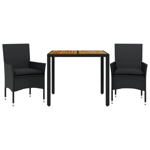 vidaXL Ensemble à manger de jardin et coussins 3 Pièces noir rotin acacia