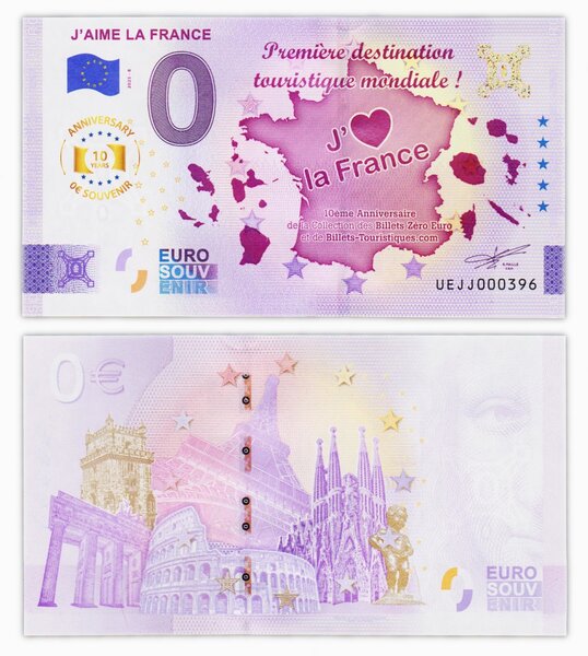 Billet de Collection 0 euro souvenir J'aime la France - 2025 8 - France - Neuf - version corrigée Gold