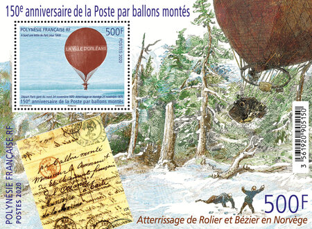 Bloc 1 timbre Polynésie Française - 150ème anniversaire de La Poste par ballon monté