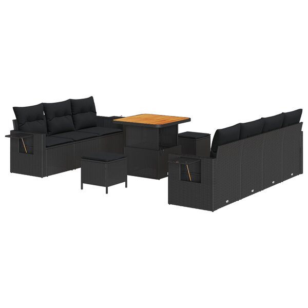 Ensemble de Canapés de Jardin 10 pièces avec Coussins Noir Rattan Poly Acacia