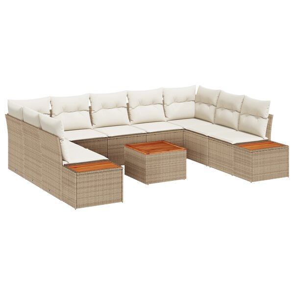 vidaXL Canapé de jardin 10 pièces avec coussins en poly rattan beige et acacia