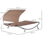 Bain de soleil 2 places lit de jardin design contemporain toit réglable 2 roulettes 2 oreillers acier époxy polyester marron foncé