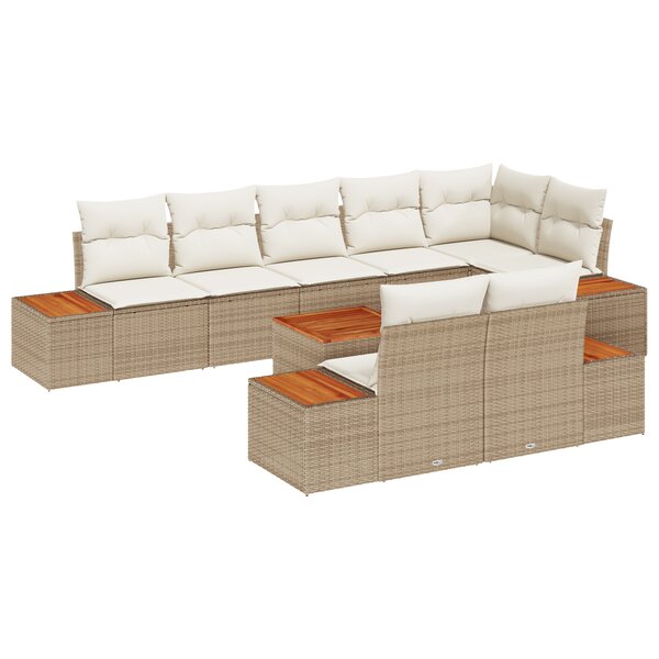 Ensemble de canapé de jardin 9 pièces avec coussins beige poly rotin acacia