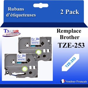 2x Rubans d'étiqueteuses compatibles avec Brother Tze253  Tze-253 pour étiqueteuses P-touch - Texte bleu sur fond blanc - Largeur 24 mm x 8 mètres - T3AZUR