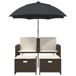 vidaXL Canapé de jardin 2 places et parasol et tabourets marron rotin