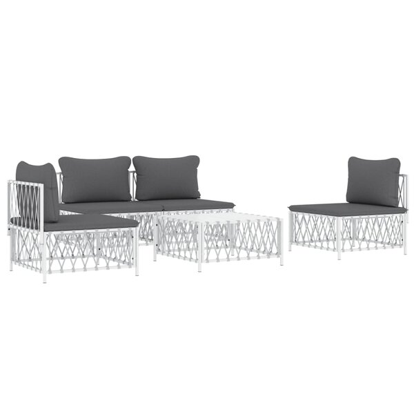 Salon de jardin meuble d'extérieur ensemble de mobilier avec coussins 5 pièces blanc acier 02_0018305