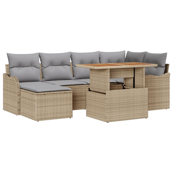 Ensemble de canapé de jardin 7 pièces avec coussins en beige poly rattan acacia
