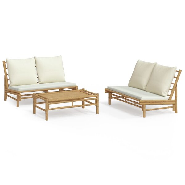 vidaXL Salon de jardin 3 Pièces avec coussins blanc crème bambou