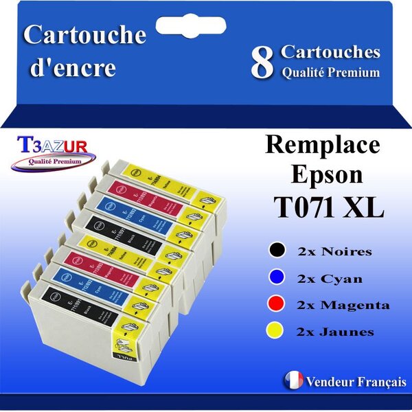 T3AZUR- 8x Cartouches Compatibles avec Epson T0711 remplace Epson Stylus 7DX7000F DX7400 DX7450 DX8400 DX8450 DX9400 DX9400F