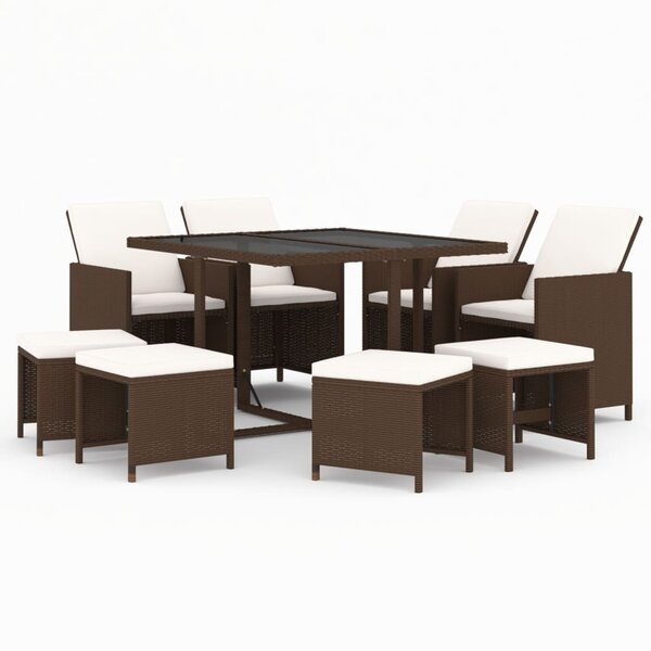 vidaXL Ensemble à manger de jardin et coussins 9 Pièces Poly rotin Marron