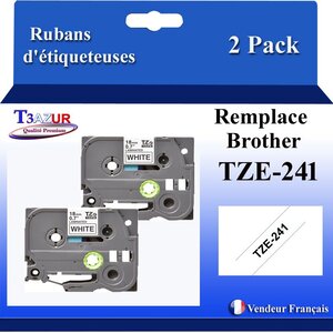 2x Rubans d'étiqueteuses compatibles avec Brother Tze241  Tze-241 pour étiqueteuses P-touch - Texte noir sur fond blanc - Largeur 18 mm x 8 mètres - T3AZUR